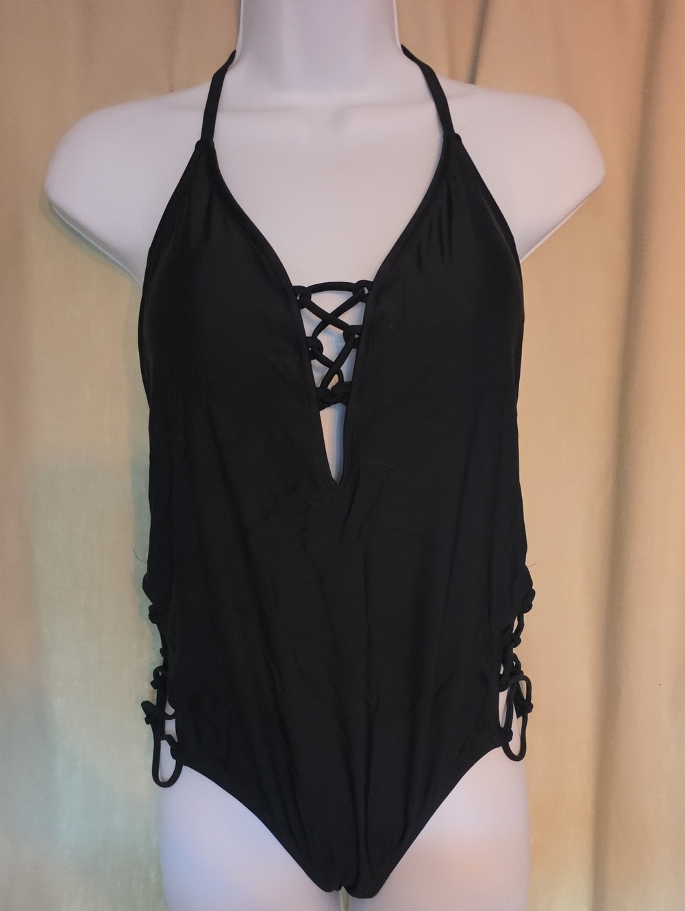 Express Black Lace-Up Halter One-Piece Swimsuit with Side Ties